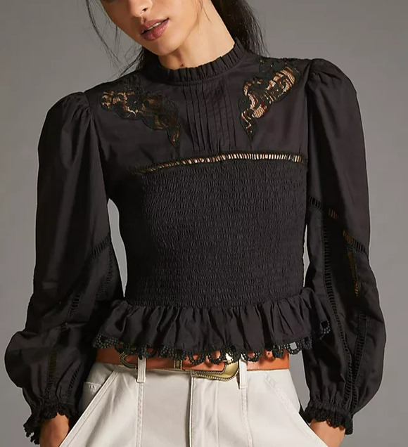 FARM Rio Tops - Anthropologie Farm Rio Smocked Blouse Size Medium Black Lace Victorian Gothic